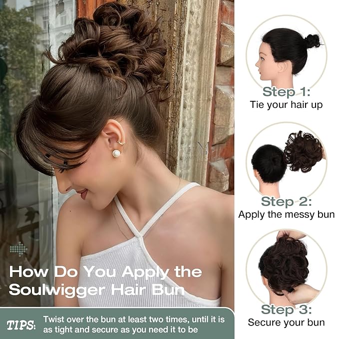 Messy Bun Hair Piece Wavy Curly Scrunchies Fluffy Donut Thick Updo Elegant Chignon Hairpieces for Women Girls, Light Brown Mix Light Auburn 1.4oz