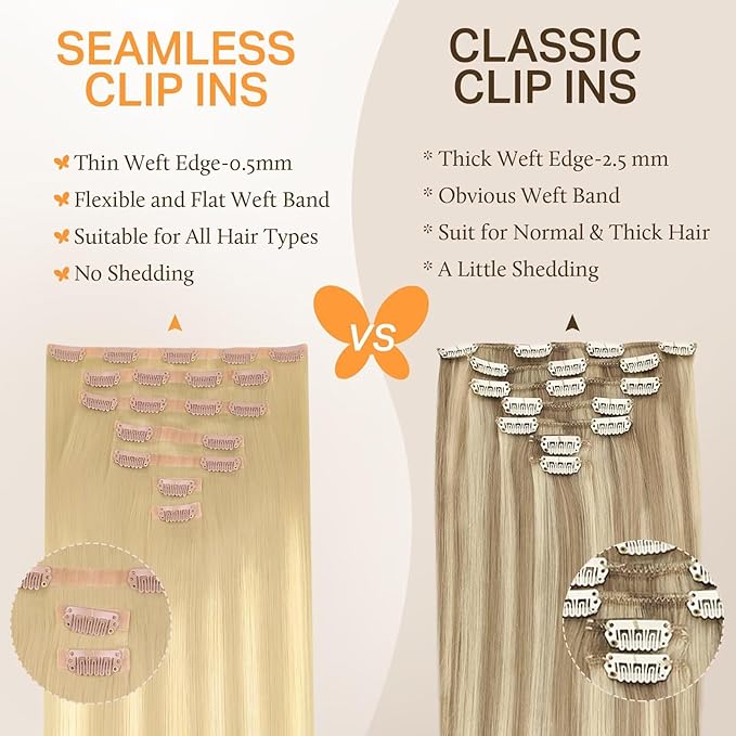 DOORES Seamless Clip in Human Hair Extensions - Dirty Blonde Mixed Platinum Blonde, 150g 7pcs 20 Inch, Remy Thick Straight Invisi Edge