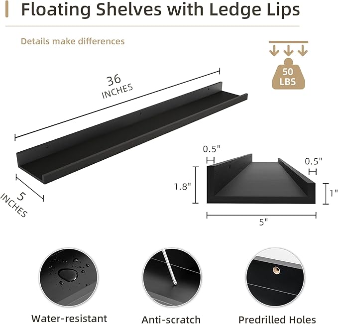 Picture Ledge Shelf, Wood Floating Shelves Set of 2, 36 inch Picture Ledge Shelves, Photo Ledge Nursery Book Shelves Wall Mounted for Living Room Kids' Room Bedroom, Color Black