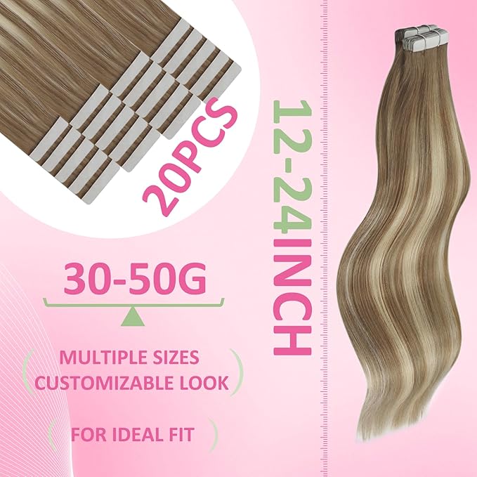 YoungSee Tape in Extensions Human Hair Balayage Brown Hair Extensions Tape in Ombre Light Brown to Blonde Tape-in Hair Extensions Real Human Hair 14 Inch 20pcs 50g for Daily
