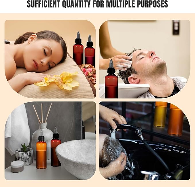 Barydat 12 Pcs Applicator Bottles for Hair, Squeeze Hair Oil Applicator Bottle Refillable Empty Plastic Bottles, Twist on Top Cap with Open Close Nozzle and 2 Funnels(3.5 oz,Amber)