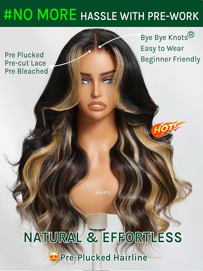 KLAIYI Ombre Highlight Blonde Loose Body Wave Bye Bye Knots Glueless Wigs Human Hair 7x5 Precut Lace Front Pre Plucked Bleached Ready to Wear Go Wig with Face Framing Curtain Bang Caramel Brown 18Inch
