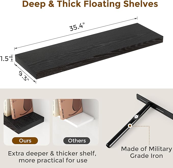 Fun Memories Black Floating Shelves 36 Inch Long, 9 Inch Deep Wall Shelves Set of 2, 36 x 9 Floating Shelf for Wall, Rustic Wood Floating Shelves for Kitchen, Living Room, Bedroom