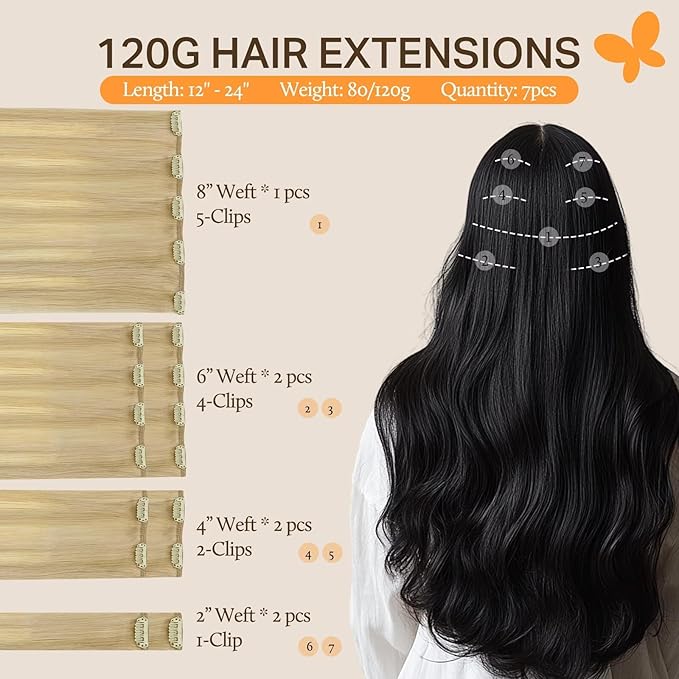 DOORES Clip-in Hair Extensions Real Human Hair, Dirty Blonde & Platinum Blonde Mix, 80g, 12 Inch, 7pcs, Straight Natural