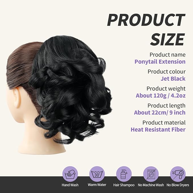 Black Ponytail Extensions,9" Short Curly Wavy Claw Clip Pony tails Hair Extensions Natural Soft Synthetic Hairpiece for Women