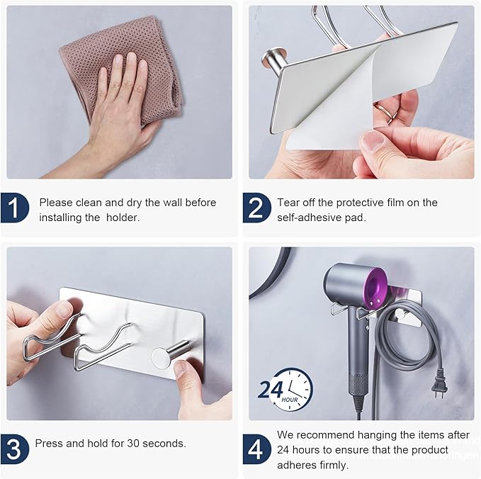 Blow Dryer Holder Wall Mounted, Hair Dryer Holder, Stainless Steel Hair Tool Organizer, Adhesive Hair Dryer Hook for Wall, Bathroom Hairdryer Holder for Blowdryer Storage