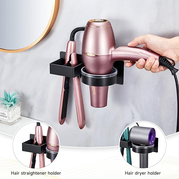 Hair Dryer Holder Blow Dryer Holder Wall Mounted, Adhesive Hair Straightener Holder, Hair Tool Organizer for Curling Iron Holder, Metal Hairdryer Holder Storage Organizer for Bathroom Vanity,Black