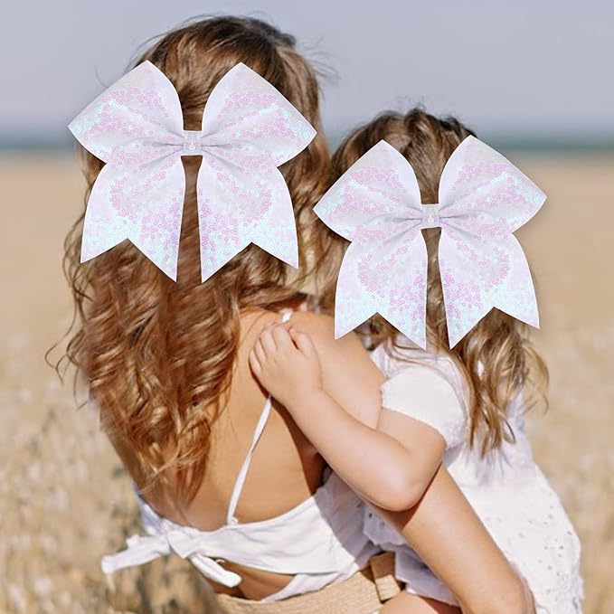 Large Glitter Cheer Bows Clips, Jumbo Big 7 Inch Cheerleading Sequin Hair Bow Hair Accessories for Teens Girls Football Sports Cheerleader Outfit Uniform (White)