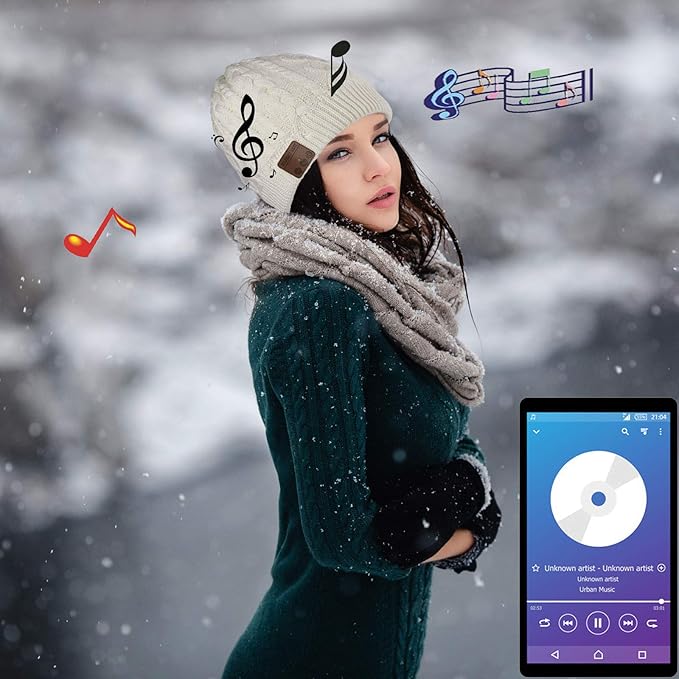 Wireless Beanie Hat for Men Women Wireless Headset Headphones Music Audio Boys Girls Winter Cap with Speaker Mic Hands Free Outdoor Sport Stereo Earphone Earpieces Warm White