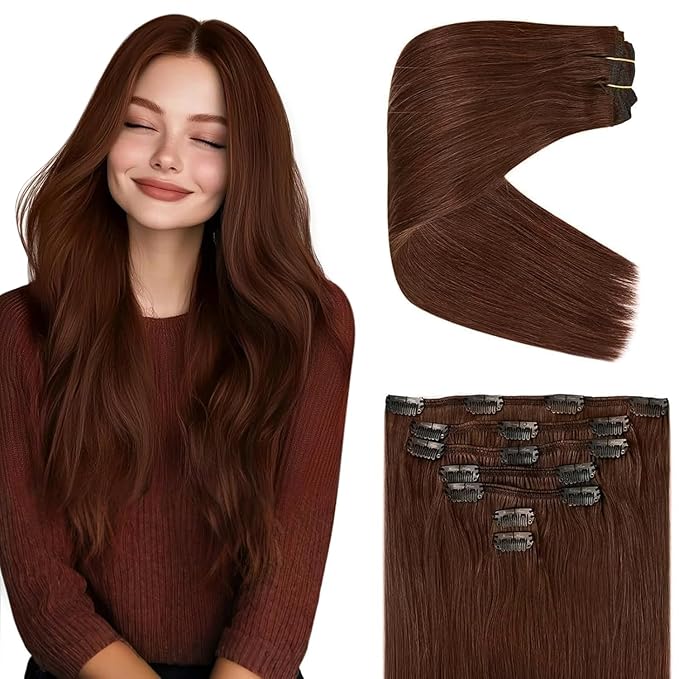 Ve Sunny Real Hair Extensions Clip in Human Hair Dark Auburn Red Hair Extensions Full Head Human Hair Extensions Clip ins Natural Straight 16 inch 120g 7pcs