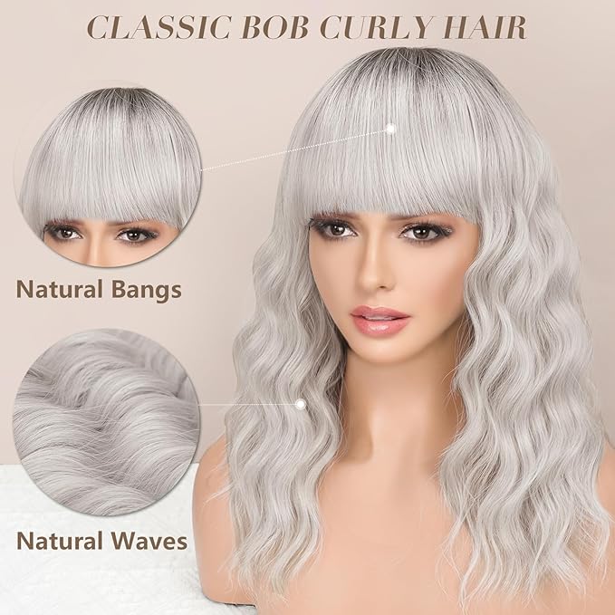 Nnzes Ombre Silver Wig with Bangs for Women White Bob Wavy Charming Synthetic Wigs with Natural Shoulder Length Curly Heat Resistant Hair for Daily Party Use