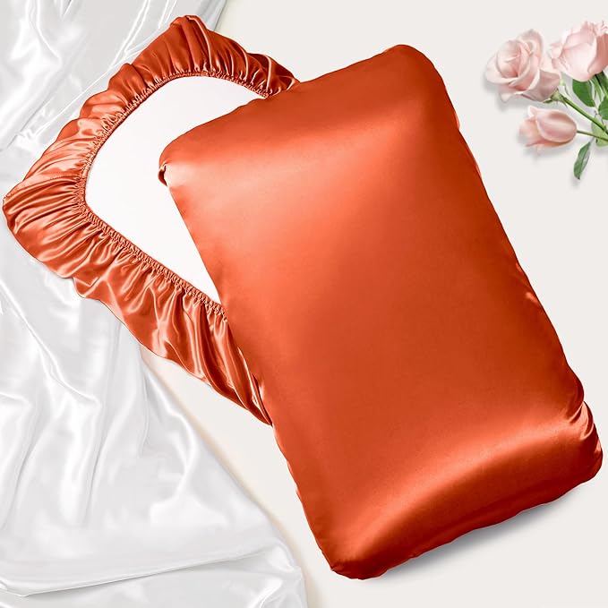 Manyshofu Satin Pillowcases for Hair Protection - 2Pcs Burnt Orange Pillow Cases, Elastic Band Standard & Queen Satin Pillowcases Luxury Silky Pillow Cases Travel Pillow Covers