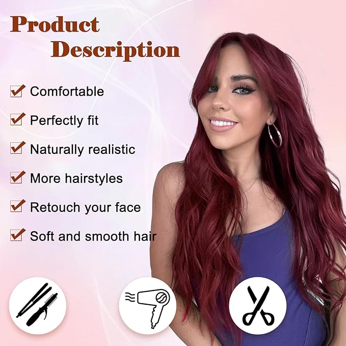 NAYOO Long Wine Red Wavy Wig for Women 26 Inch Middle Part Curly Wavy Wig Natural Looking Synthetic Heat Resistant Fiber for Use (Wine Red)