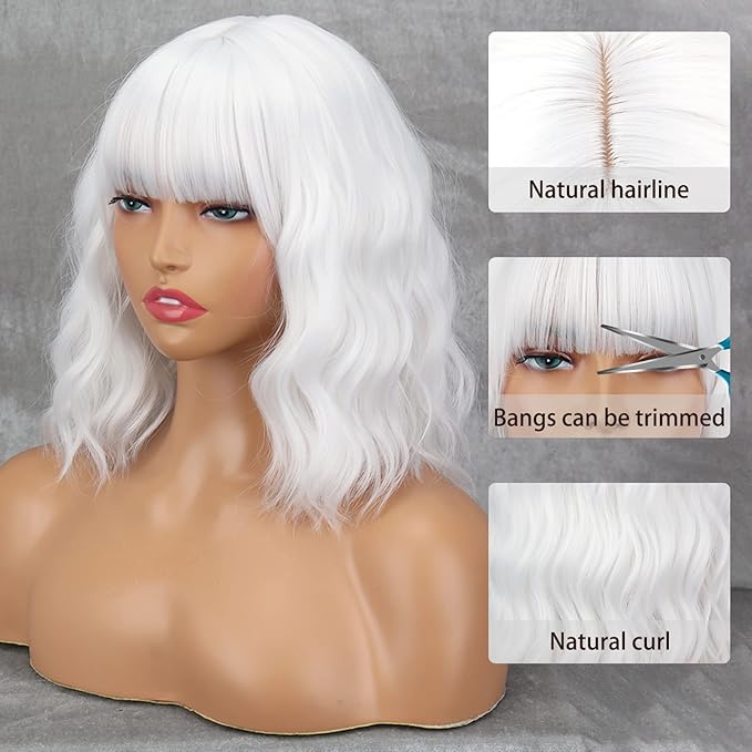 MISSQUEEN Short White Wig with Bangs,Wavy White Bob Wigs for Women Synthetic Wavy Bob Shoulder Length Wigs Natural Looking Heat Resistant Fiber hair Wig for Daily Party Cosplay Use