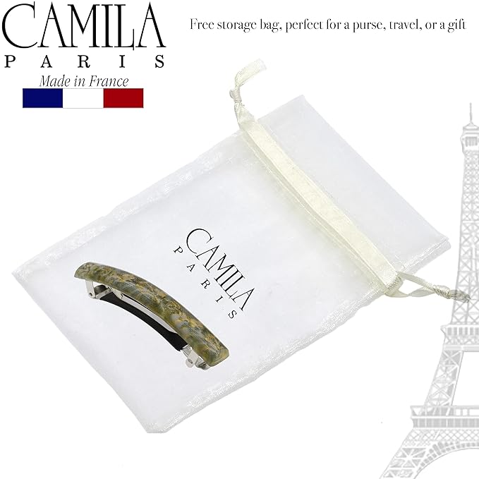 Camila Paris CP3447 French Hair Barrette Clip for Girls Green Flower, Rubberized Metal Clasp Strong Hold Grip Hair Clips for Women, No Slip Durable and Styling Girls Hair Accessories, Made in France