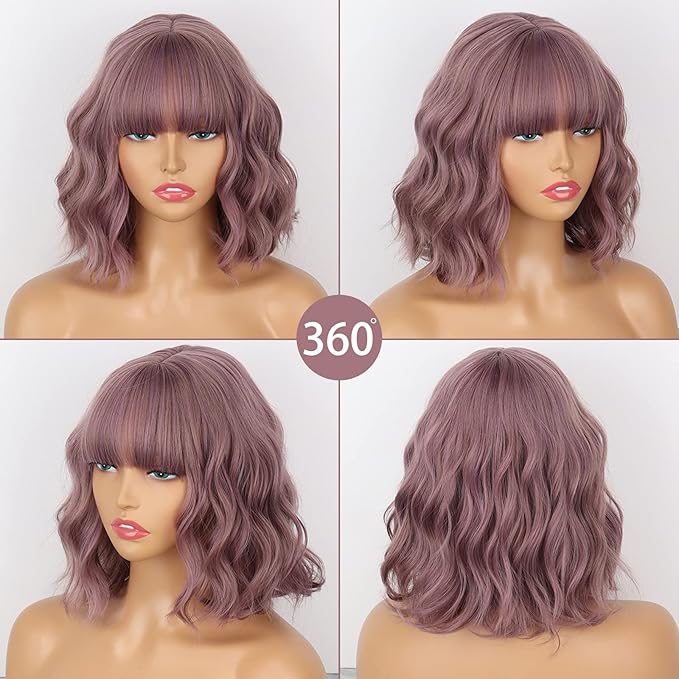 MISSQUEEN Short Wavy Wigs for Women,Synthetic Cute Purple Wavy Wigs with Bangs,14inch Natural Curly Synthetic Women Bob Wig(Purple)