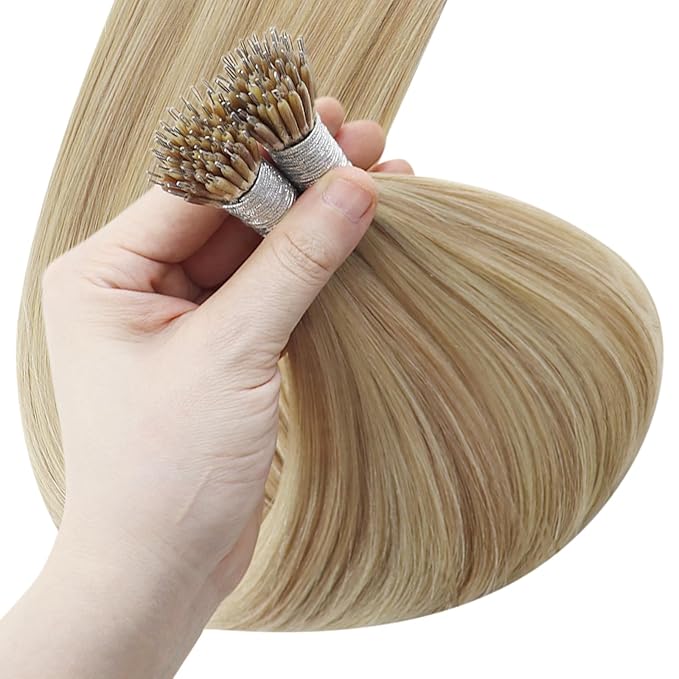 YoungSee Nano Hair Extensions Real Human Hair Blonde Highlight Nano Ring Remy Hair Extension Ash Brown Highlights Golden Blonde Pre Bonded Nano Extensions Silky Straight 16 inch 50g 50s