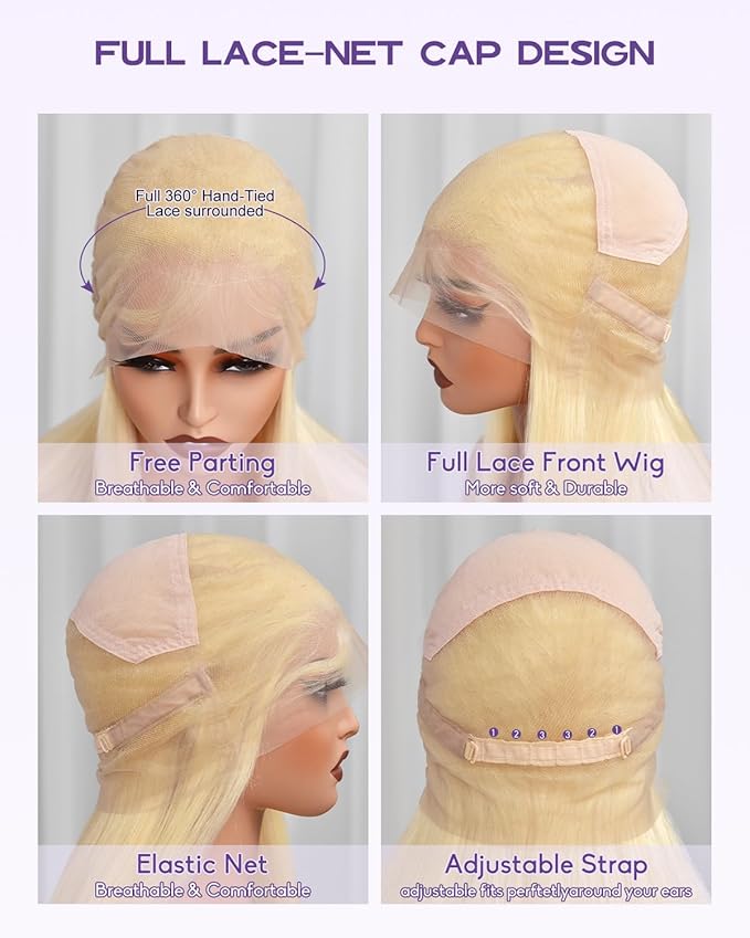 Real Full Lace Human Hair Wigs 613 Lace Front Wig Human Hair 180 Density Body Wave HD Full Lace Blonde Wig Plucked Bleached Knots Breathable Full Scalp Wig for Women 28Inch