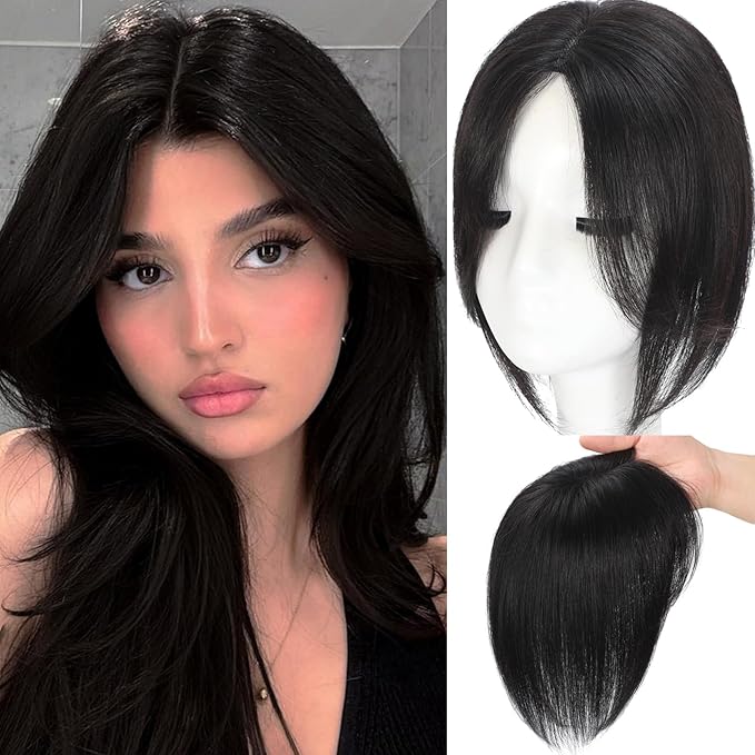 Hair Toppers for Women Real Human Hair, 360°3D Topper for Women with Thinning Crown Wispy Clip in Bangs Breathable Hand Tied Craft Big Coverage Hairpieces(Black（Big Coverage）, 12 Inch-Side)