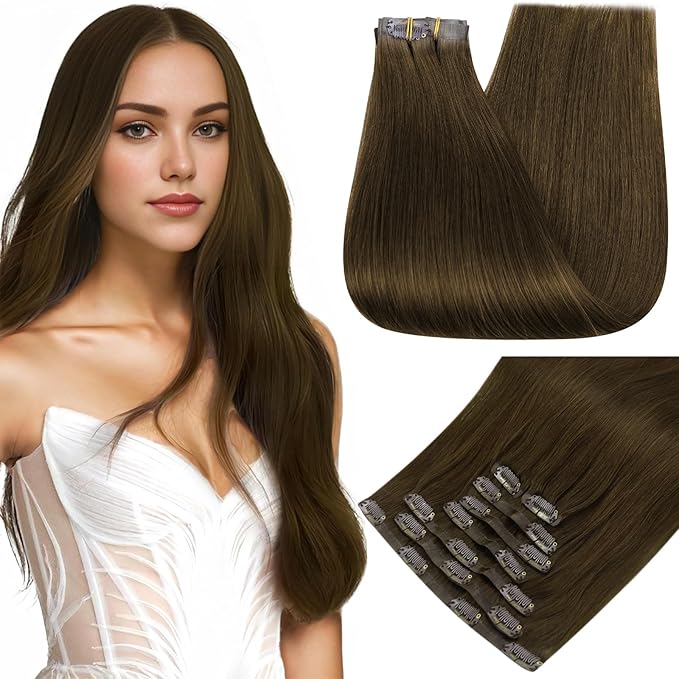 Full Shine Seamless Hair Extensions Clip in Brown Clip in Hair Extensions Medium Brown Human Hair Clip ins PU Weft Long Hair Add Volume 20 Inch 8 PCS 120 G