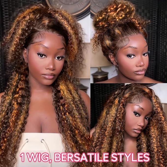 Hidden Strap Deep Wave 360 Lace Front Wigs Human Hair Pre Plucked Highlight Ombre full lace Deep Curly Honey Blonde 4/30 Human Hair Wig with invisible drawstring Ombre 360 Glueless Wigs Human Hair
