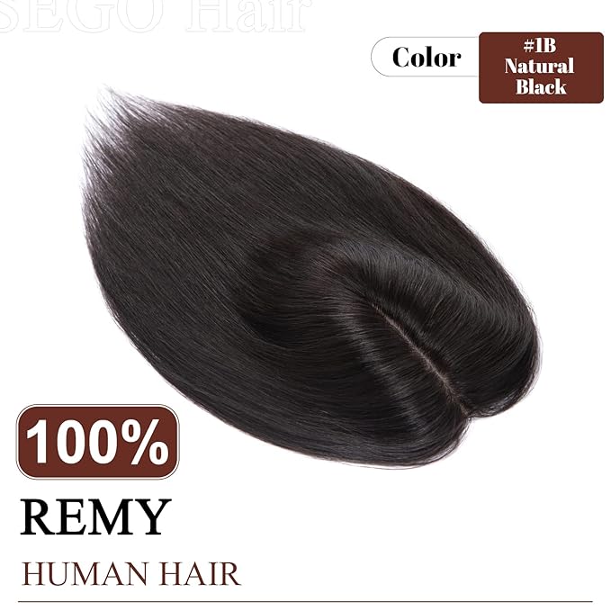 SEGO Real Human Hair Topper for Women, No Bangs Hair Topper with Anti-Slip Clips (6 Inch #1B Natural black)