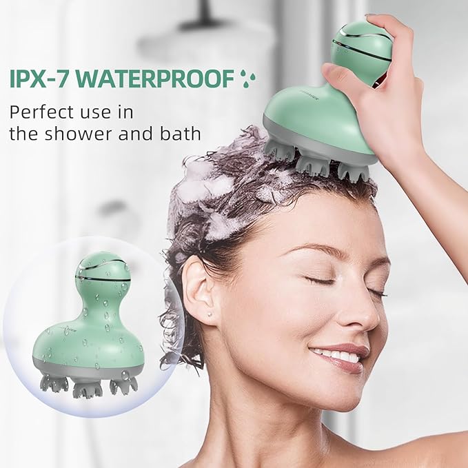 cotsoco Electric Scalp Head Massager, Scalp Hair Massage Waterproof Head Massager with 4 Heads 84 Nodes for Hair Growth and Stress Release Massage Green