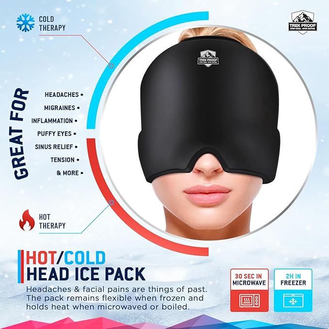 Trekproof Migraine Relief Cap, Cooling Gel Headache Relief Cap, Ice Pack for Face and Eyes, Cooling Migraine Mask, Soothing Cold Therapy Head Ice Pack Head Wrap for Tension, Sinus, Hangovers