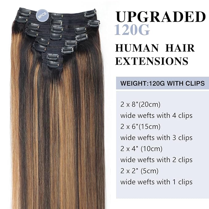 Balayage Clip in Hair Extensions Real Human Hair Straight Remy Human Hair Clip ins for Women, Natural Soft Human Hair, 8Pcs 120g, 24inch #1B/6/1B Balayage Natural Black to Chestnut Brown