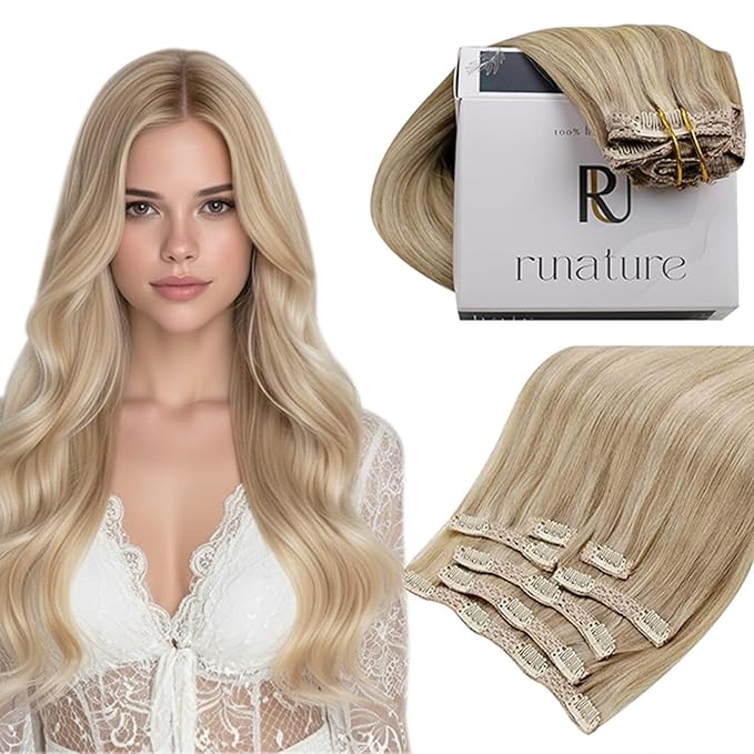 RUNATURE Clip in Real Human Hair Extensions, Blonde Hair Extensions Clip Ins Human Hair for Women, Long Straight Clip in Hair Extensions 22 Inch 120g 7pcs #16P22 Beige Blonde Highlights