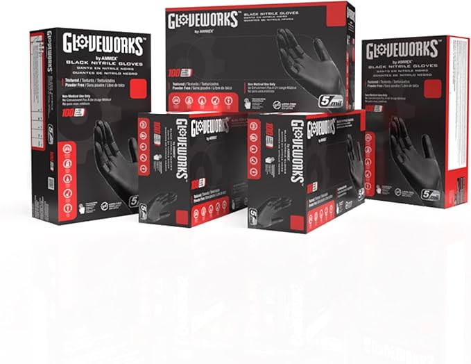 GLOVEWORKS Black Disposable Nitrile Industrial Gloves 5 Mil, Latex/Powder-Free, Food-Safe, Textured