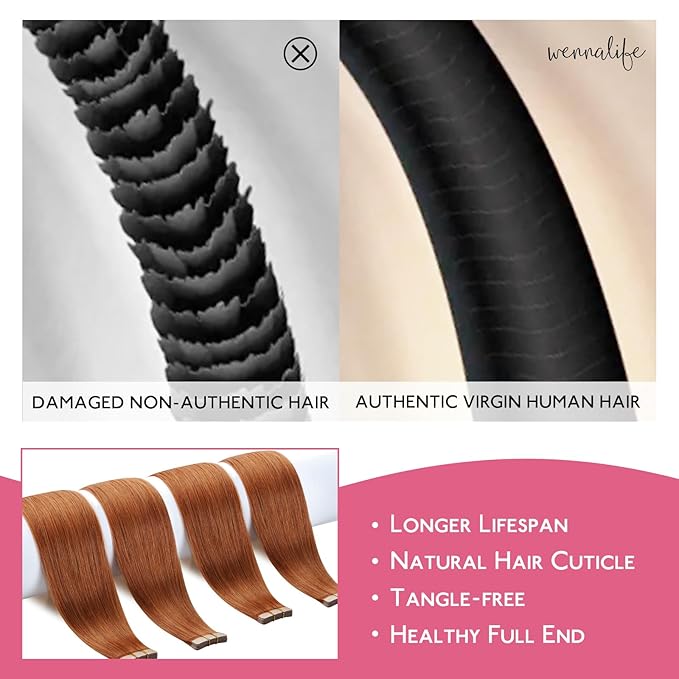 WENNALIFE Tape in Hair Extensions Human Hair Dirty Ginger Tape in Extensions, 10pcs 30g 20 inch Remy Invisible Tape Ins Straight Colored