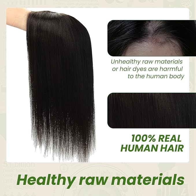 HAIR 16 Inch Toppers for Women Real Human Hair Natural Black color 150 Density 6x7inch Silk Base 75 grams All Remy Human Hair Wiglets Hairpieces for Thinning Hair (#1B 16inch)