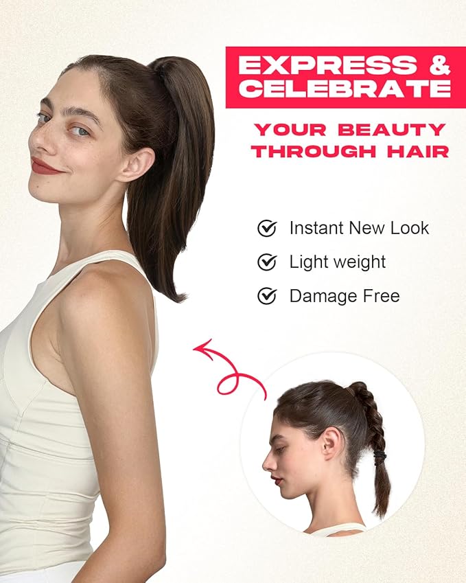 Ponytail Extension – 16” Claw Clip in Ponytail Hair Extensions Natural Soft Synthetic High Pony Tail Hairpieces for Women (Light Brown, 16 inch)