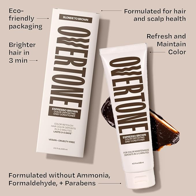 oVertone Daily Color Depositing Conditioner, Espresso Brown, 4.5 oz, Hydrating, Damage-Free Temporary Hair Color for All Hair Types with Shea Butter & Coconut Oil, Vegan & Cruelty-Free