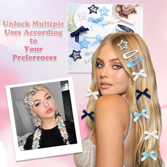 36Pcs Navy Blue Mini Bow Hair Clips Star Snap Hair Barrettes for Women White Water Drop No Slip Hair Clips Small Hair Bows Star Bowknot Hair Accessories for Teens Girls