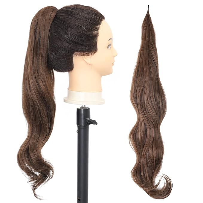 Chicmoi Brown Ponytail Extainson 32 Inch Flexible Wrap Around Ponytail Hair Extension 8# Long Wavy Pony Tails hair Extension Chocolate Brown Synthetic Hairpieces For Women and Girls