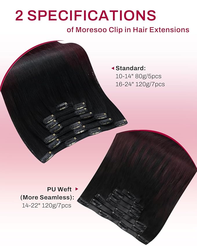 Moresoo Red Wine Clip in Hair Extensions Human Hair Balayage Natural Black to Dark Red Hair Extensions Clip ins Short Ombre Black to Burgundy Double Weft 80g/5pcs 14 inch