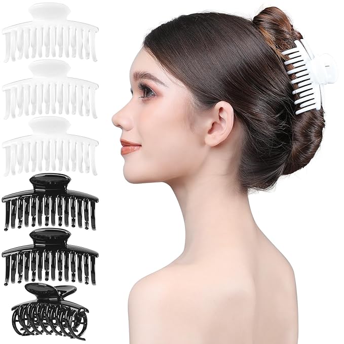 RC ROCHE 6 Pcs Double Claw Hair Clip Tooth Claw Clip Grip Tooth Jaw Clamps Thin Fine Hair Strong Hold No Slip Undo Clutchers for Women, Medium Black & White