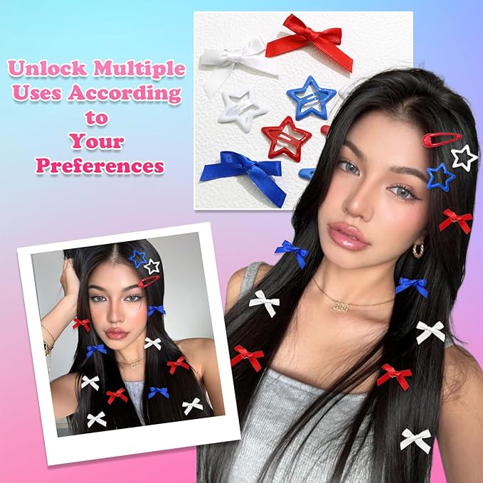 36Pcs 4th of July Red Blue White Bow Hair Clips Cheer Star Snap Hair Barrettes Water Drop No Slip Hair Clips for Women Small Hair Bows Star Bowknot Hair Accessories for Girls