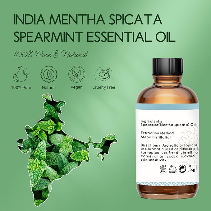 Spearmint Oil for Facial Hair Skin Roll On Diffuser Room Spray - Pure Organic Therapeutic Grade Spearmint Essential Oil 4 Oz
