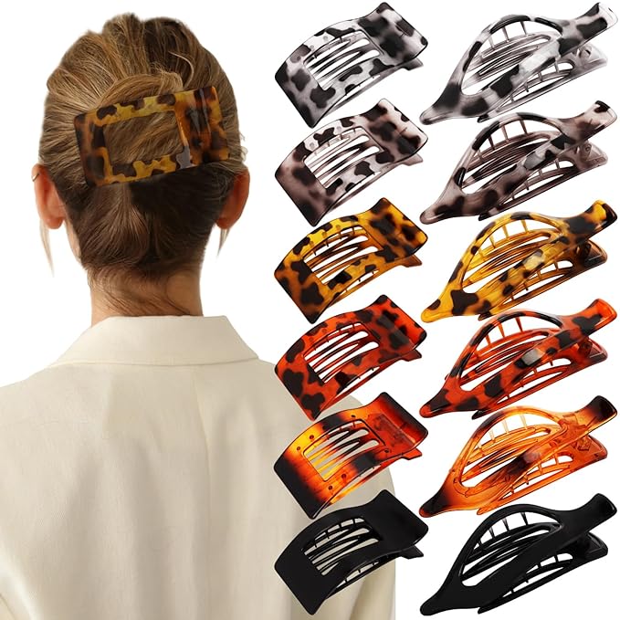Velscrun Flat Hair Clips for Women Girls, 12 Pack Lay Flat Claw Clips, Large Side French Duck Billed Hair Jaw Claw Clip for All Hair Types, Daily Trendy Stylish Styling Gifts Hair Clip Leopard