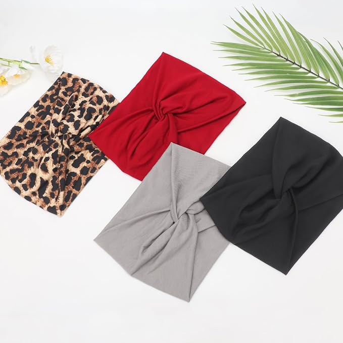 DRESHOW 4 Pack Turban Headbands for Women Wide Vintage Head Wraps Knotted Cute Hair Band Accessories