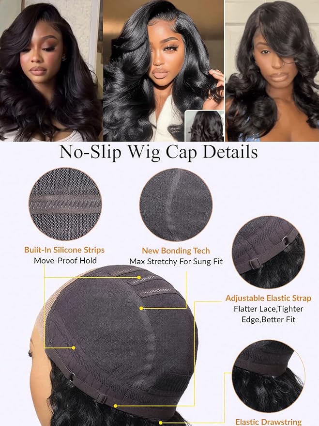 Julia Hair Bye Bye Slip Wig Feathered Layer Side Part Human Hair Wig 200% Density 7X5 Pre Cut Lace Closure Loose Body Wave Wigs Pre Everything Glueless with Secure Silicone Strips Drawstring 22 Inch