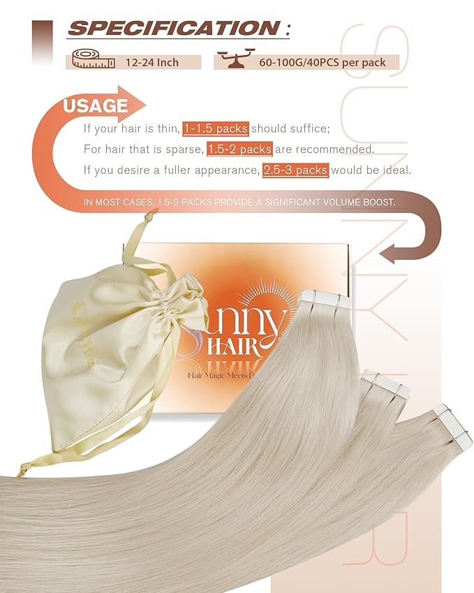 Sunny Hair Tape in Hair Extensions Human Hair 20inch Hair Extensions Real Human Hair Tape in Extensions for Women Platinum Blonde Invisible Natural Straight Skin Weft Double Sided Tape 40pcs 100g