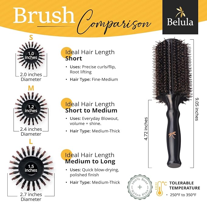 Boar Bristle Round Brush for Blow Out Set by Belula. Round Hair Brush For Blow Drying. Medium 2.4” Wooden Barrel. Hairbrush Ideal to Add Volume and Body. Free 3 x Hair Clips & Travel Bag