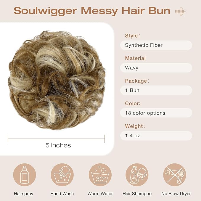 Messy Bun Hair Piece Wavy Curly Scrunchies Fluffy Donut Thick Updo Elegant Chignon Hairpieces for Women Girls, Ginger Brown Mix Bleach Blonde 1.4oz
