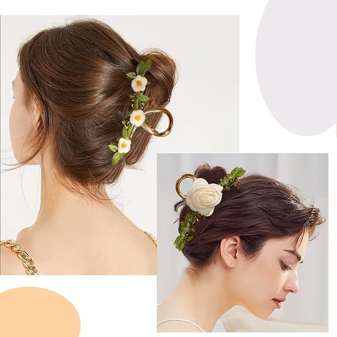 Large Metal Camellia Hair Claws for Women - 2Pcs Sweet Retro Non-Slip Butterfly Leaf and Flower Jaw Clips, Cute Big Hair Accessories
