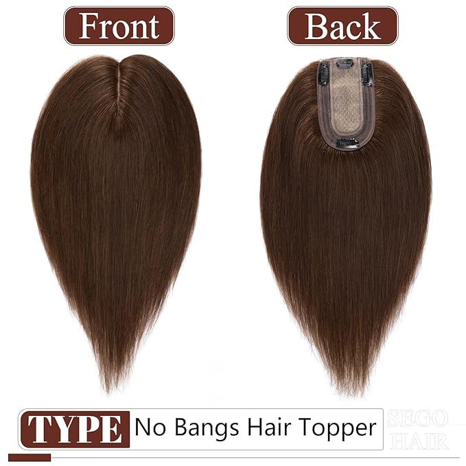 SEGO Hair Topper for Women, Real Human No Bangs Hair Topper with 4 Anti-Slip Clips (6 Inch #4 Medium Brown)