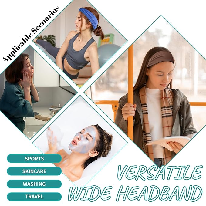 Eyesoul Headbands for Women, Non Silp Wide Hair Bands, Elastic Thick Head Bands, Stretchy Soft Sports Sweat Bands for Spa Workout Running Gym, Cotton Cloth Band 6Pcs